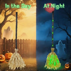 BroomGlow Halloween broom shown in daylight and glowing green at night